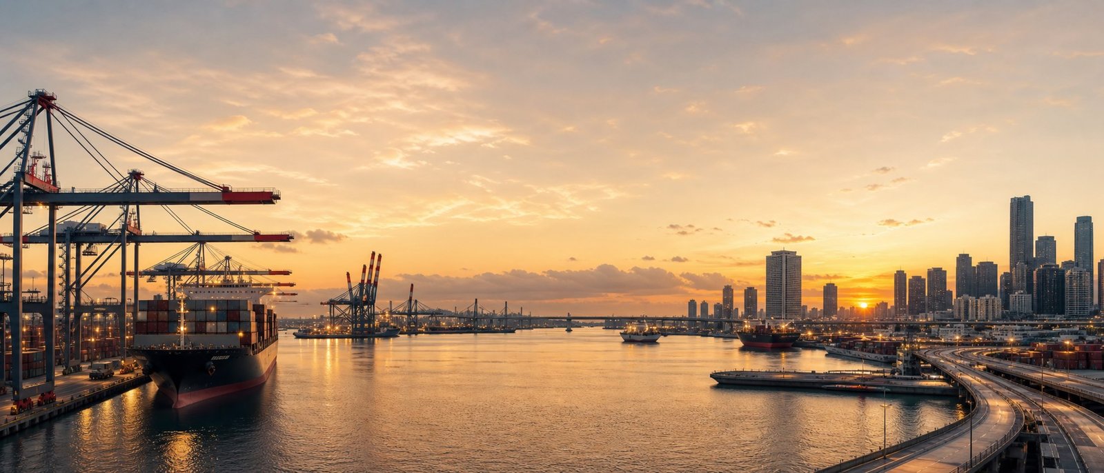 Panoramic port scene with a container ship, cranes and a waterfront skyline at sunset